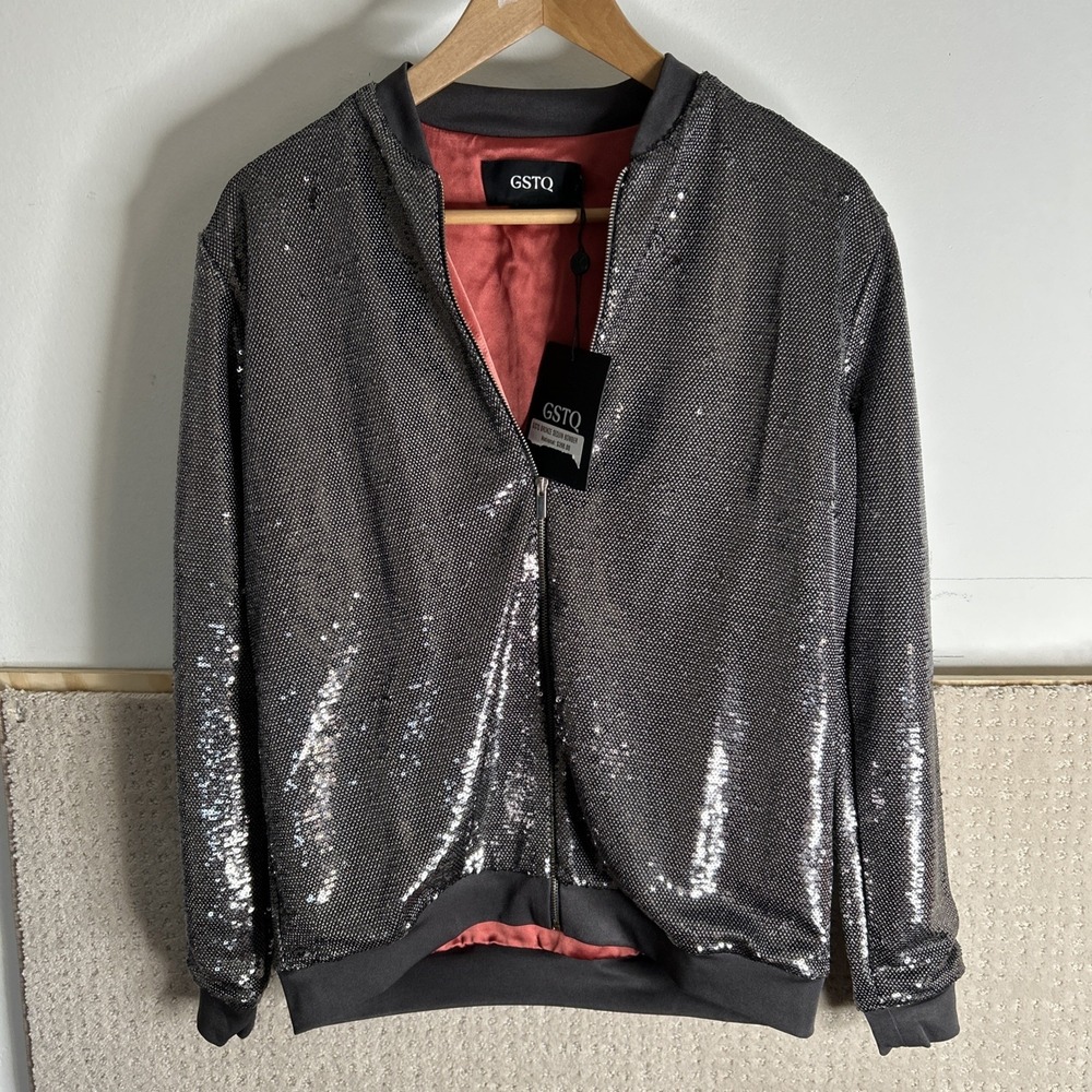 GSTQ Women's Sequin Bomber Jacket Gray Size XS NWT
